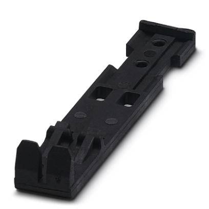 Crna, duguljasta plastična komponenta s udubljenjima i izbočinama. Vjerojatno tehnički dio ili nosač.