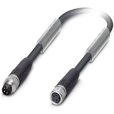 Crni kabel s dva okrugla utikača na krajevima, pogodan za elektroničke spojeve, na bijeloj pozadini.