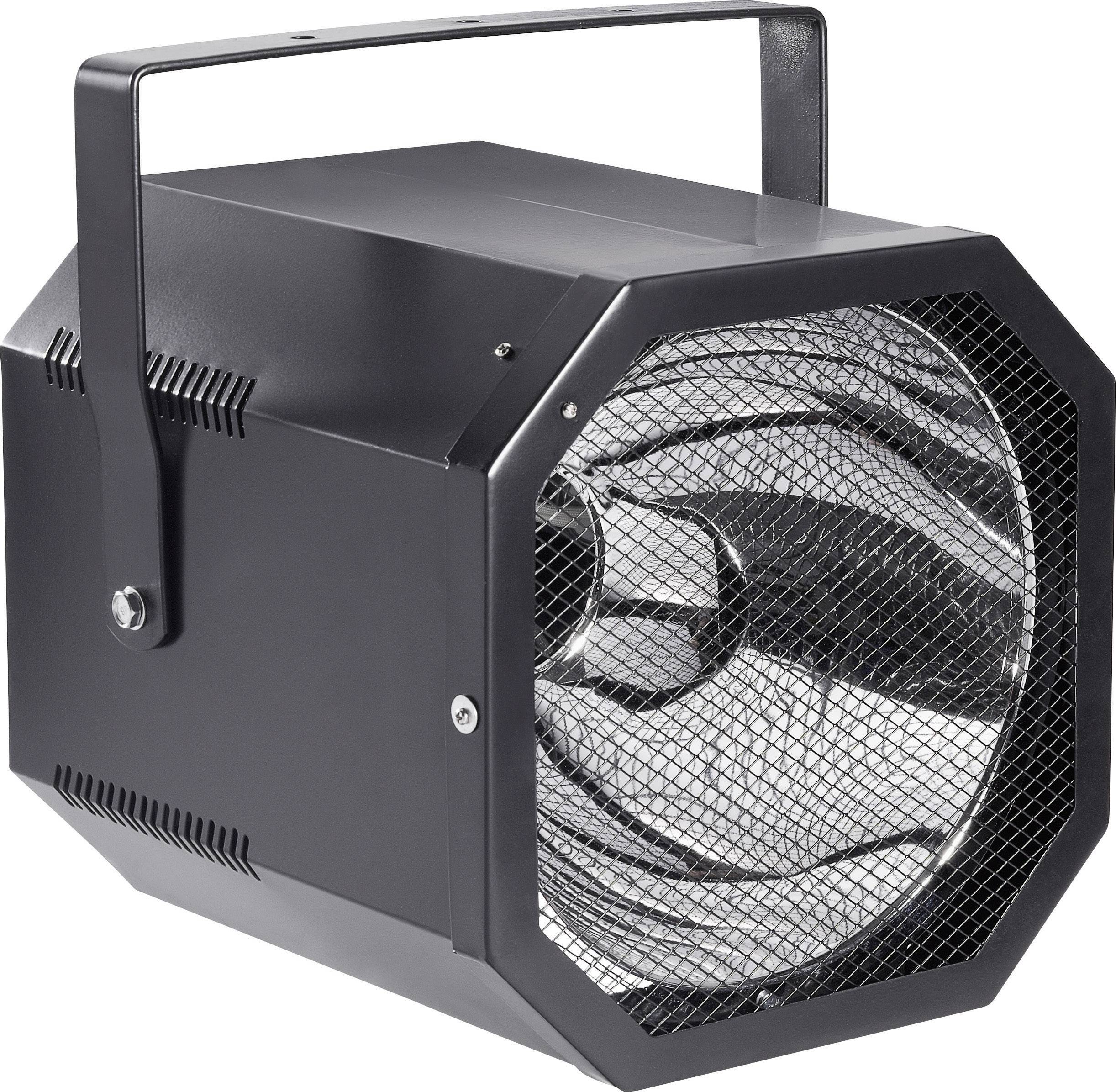 Crni dvosmjerni uređaj za maglu ili ventilator s velikim rešetkastaim preklopom na prednjoj strani, razvijen za kazališne ili event primjene.
