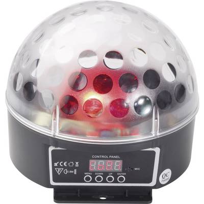 Okrugla LED disco lampa s prozirnom, kupolastom površinom i digitalnom kontrolnom pločom na prednjoj strani.