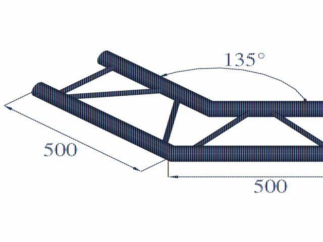 Tehnički nacrt metalnog spoja. Prikazuje se ključni kut od 135°. Dva grede od po 500 mm su simetrično raspoređene.
