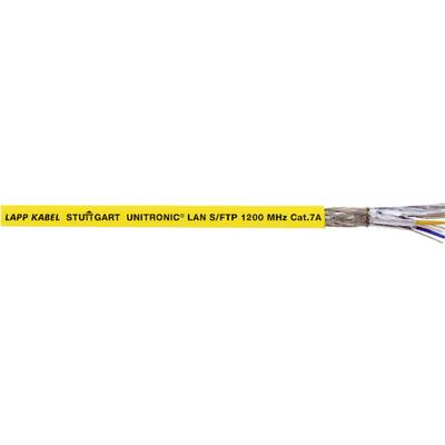 Žuti mrežni kabel s natpisom 'LAPP KABEL STUTTGART UNITRONIC LAN S/FTP 1200 MHz Cat.7A'. Krajevi kabela prikazuju uvrnute žice.