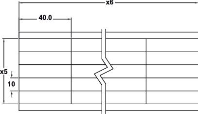 Tehnički nacrt pravokutnog objekta. Prikazuje dimenzije: x5 = 10, 40,0, x6. Središnja cik-cak linija naznačuje prekid.