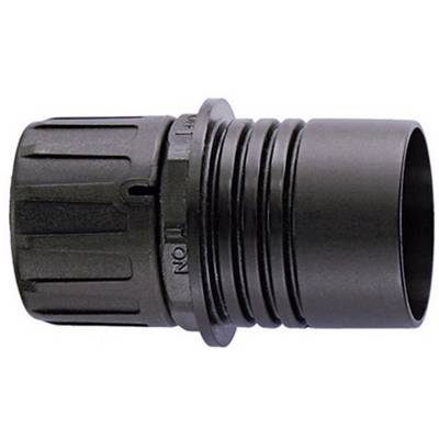 Crni plastični adapter s rebrastom ručkom i glatkim poklopcem, koristi se za spajanje cijevi ili kabela.