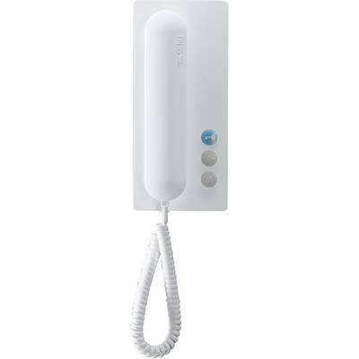 Bijeli interfon na zidu s telefonom i tri tipke, tipičan za audio sustave komunikacije kod ulaza u stanove ili poslovne zgrade.