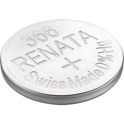 'Renata 366' gumbasta baterija, sjajne srebrne površine, utisnut natpis 'Swiss Made' i 'pH 0% Hg'.