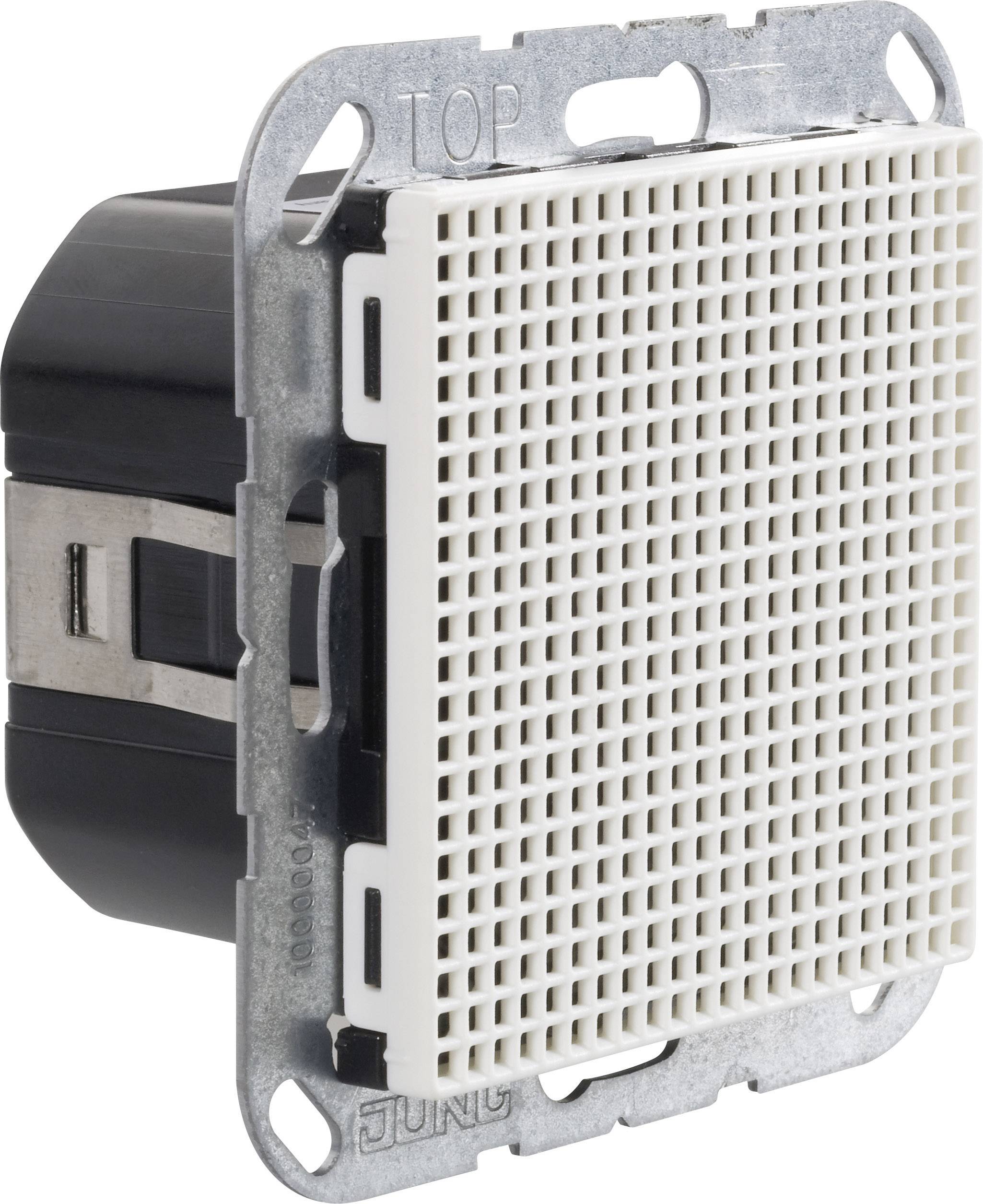 Jung USB punjač za ugradnju u zid. Pravokutan, metalni okvir, s plastičnom mrežicom, pogodan za jednostavnu ugradnju na zid.