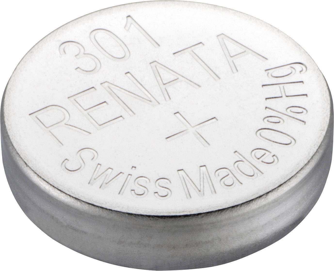 Srebrna gumbasta baterija s natpisom '301 RENATA Swiss Made 0% Hg', prikazuje marku i podrijetlo baterije.