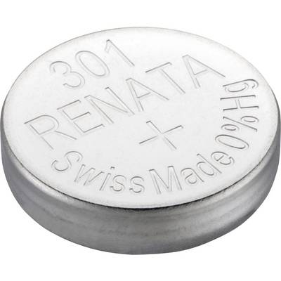 Srebrna gumbasta baterija s natpisom '301 RENATA Swiss Made 0% Hg', prikazuje marku i podrijetlo baterije.
