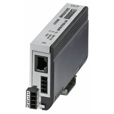 Sivi elektronički uređaj s Ethernet i napajnim priključcima. Označen natpisima 'IN', 'OUT' i serijskim brojem gore.