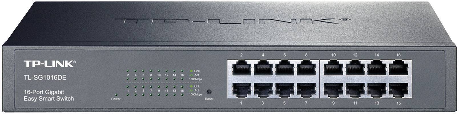 Mrežni switch TP-Link-a s 16 Gigabit priključaka i LED indikatorima za mrežnu aktivnost i status pogrešaka. Model TL-SG1016DE.