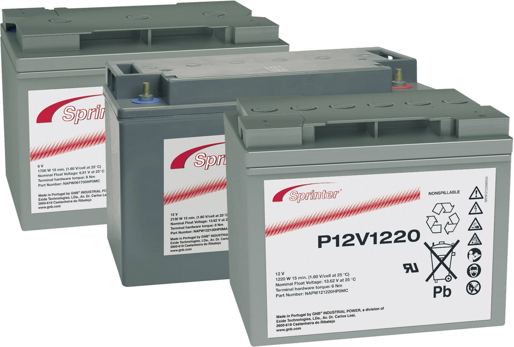 Tri sive baterije s natpisom 'Sprinter' i 'P12V1220', različiti simboli pri dnu. Uglavnom korištene za industrijske svrhe.