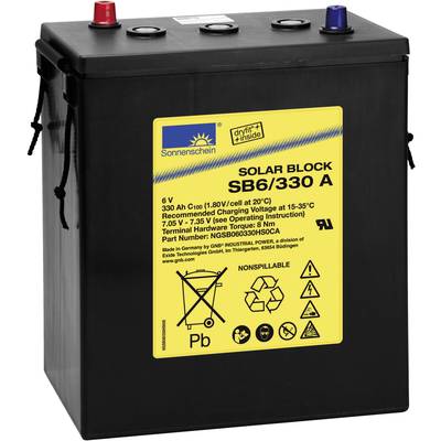 Baterija sa žutom etiketom: 'Solar Block SB6/330 A'. 6V, 330Ah. Preporučena primjena pri 15-35°C. Kontakti gore: crni, plavi, crveni.