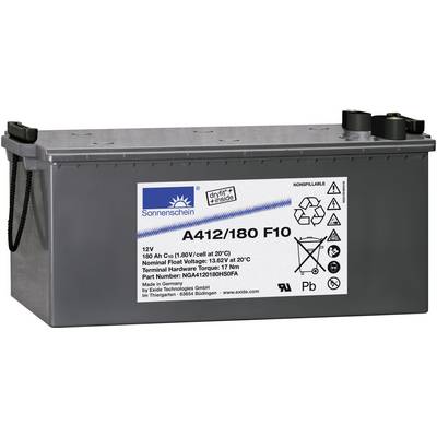 Baterija 'Sonnenschein A412/180 F10', 12V, 180 Ah. Bijela naljepnica s tehničkim specifikacijama i sigurnosnim simbolima, kućište u sivo-crnoj boji.