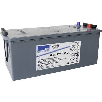 Olovna akumulatorska baterija, model A512/140 A, 12V, kapacitet 140Ah. Sivo kućište s plavom i crvenom stezaljkom.