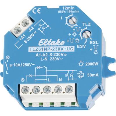 Slika prikazuje plavi Eltako TLZ61NP-230V+UC vremenski relej. Vidljivi su priključci, električni dijagrami i tehničke specifikacije.