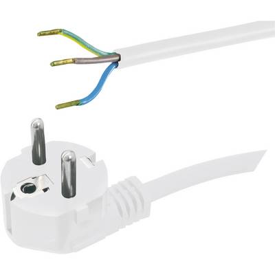 Bijeli električni kabel s utikačem i golim žicama: plava, smeđa, zeleno-žuta. Simbol za električne radove ili popravke.