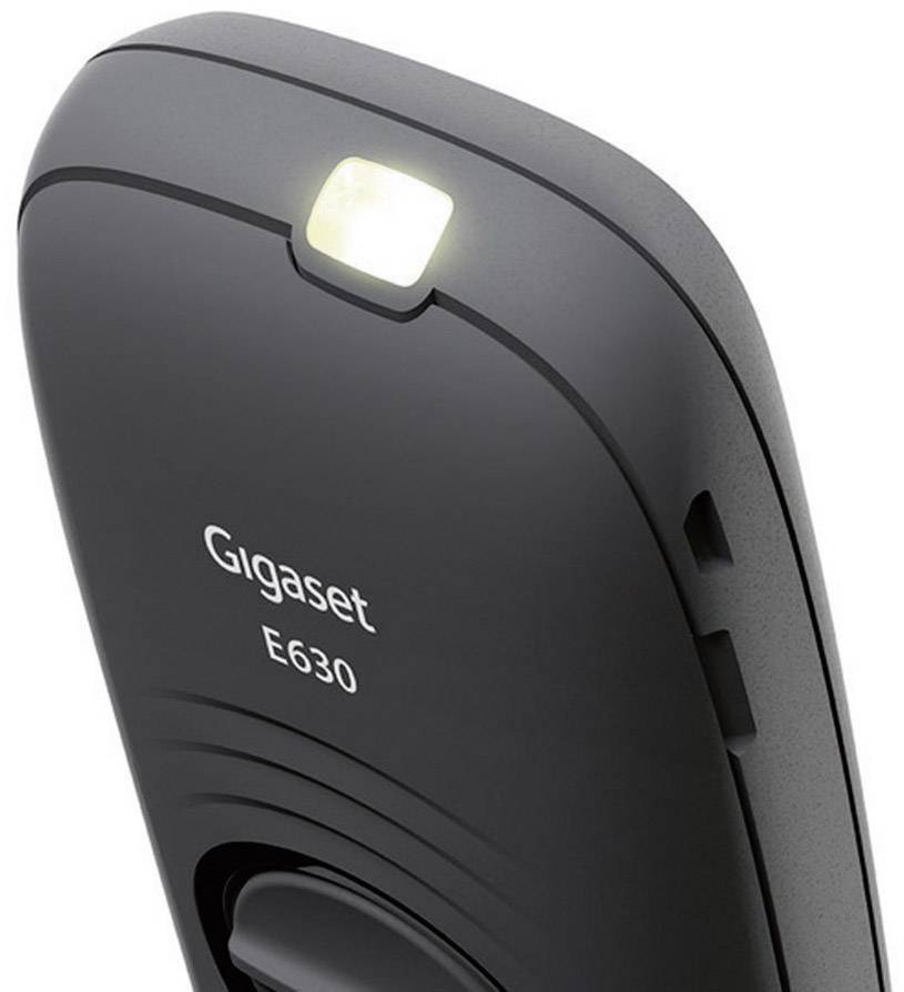 Bežični telefon s natpisom 'Gigaset E630', detaljni pogled straga, prikazuje gornji dio uređaja s lampom.
