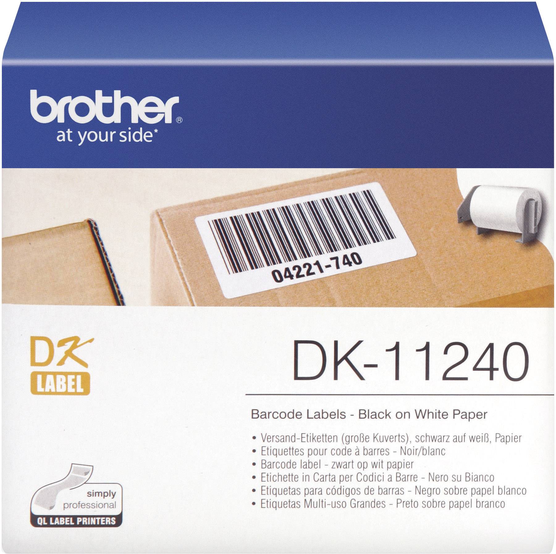 Naljepnice Brother modela DK-11240. Prikazuje bar-kod naljepnice u crnoj boji na bijelom papiru.