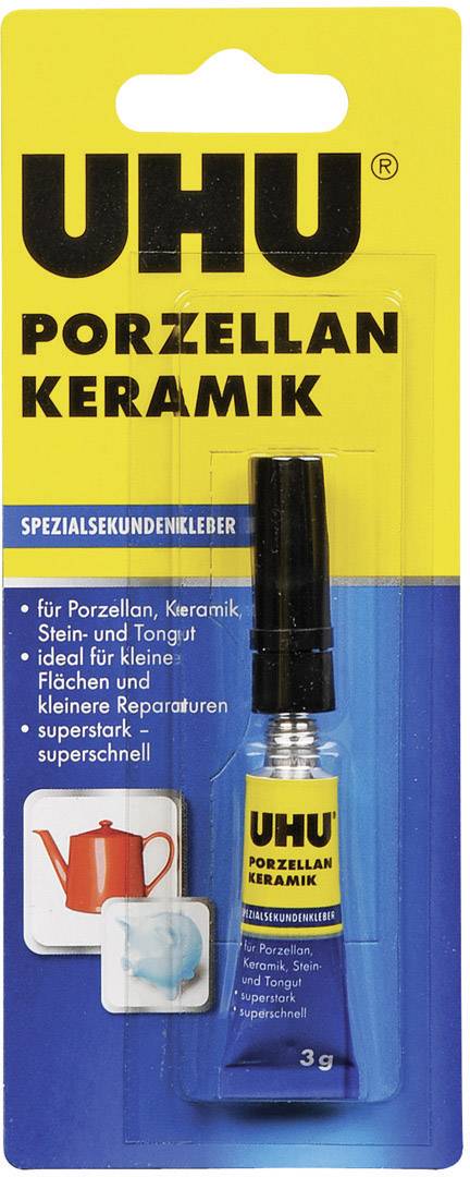 Ljepilo u pakiranju s natpisom 'UHU Porculan Keramika'. Pogodno za popravke porculana i keramike. Pakiranje prikazuje čajnik.