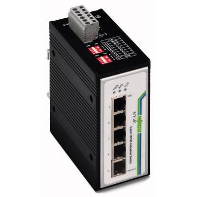 Industrijski Ethernet switch s pet priključaka, model 'WAGO 852-110', prikazan u bočnom pogledu sa priključnim stezaljkama gore.