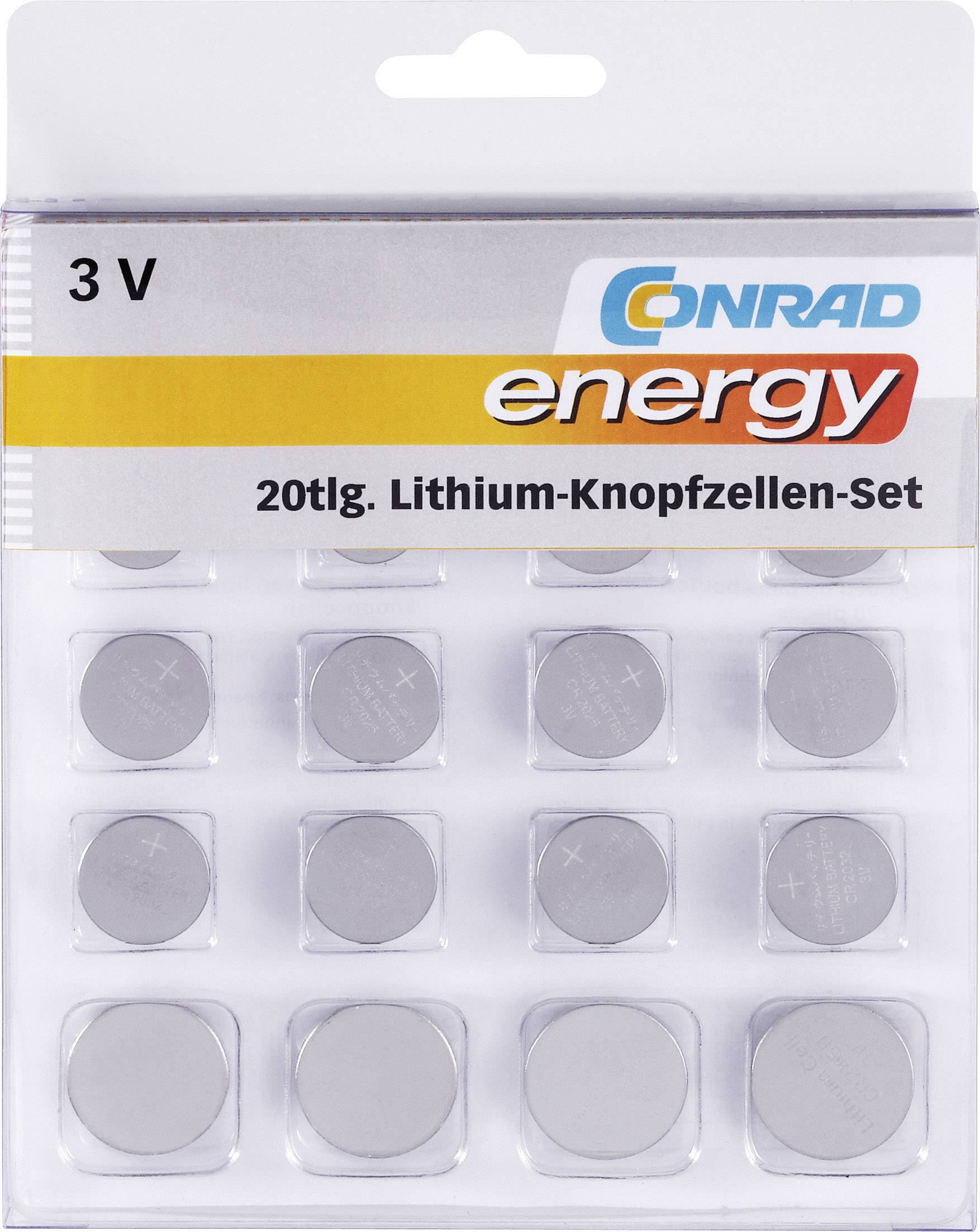 Pakiranje seta od 20 litij-gumbastih baterija, 3 V 'Conrad energy'. Prikazuje 20 baterija u prozirnoj plastičnoj ambalaži.
