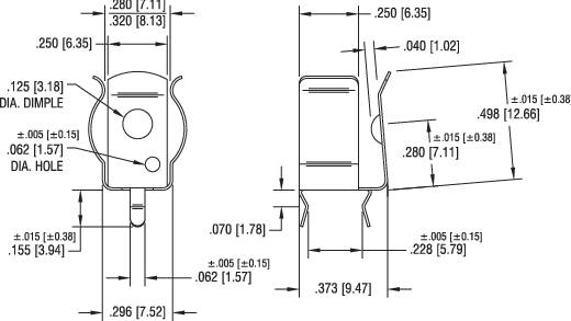 Tehnički nacrt elektroničke komponente s detaljnim dimenzijama i tolerancijama u inčima i milimetrima.