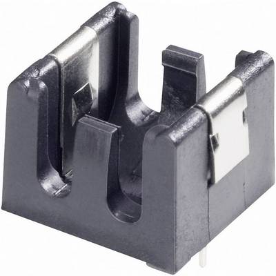 Crna, quadratna plastična držač baterije s dva metalna kontakta, pogodan za jednu gumbnu bateriju.