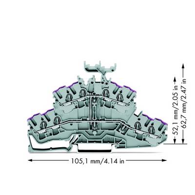 Trodijelni sivi stezaljni blok, pogled sa strane, s dimenzijama: širina 105,1 mm, visina 62,7 mm, dubina 52,1 mm.