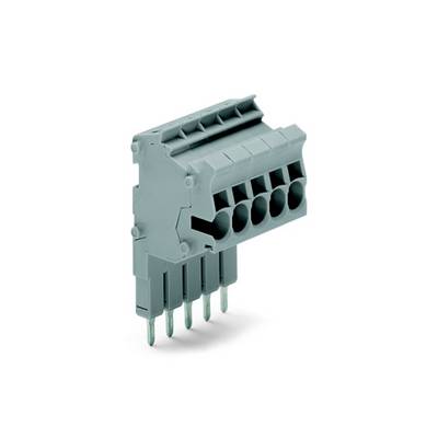 Zakrivljena, siva priključna stezaljka s pet otvora za spajanje i metalnim priključcima koji se koristi za električne spojeve.