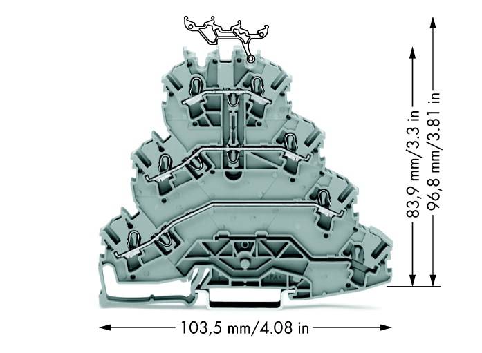 Tehnički nacrt trodijelnog utičnog konektora u obliku jelke s detaljnim mjerama: 103,5 mm dug, 98,8 mm visok.