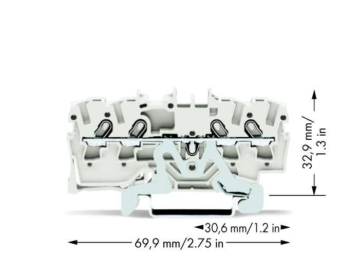 Pogled odozgo električne stezaljke s dimenzijama: 32,9 mm (visina), 30,6 mm (dubina), 69,9 mm (širina) u milimetrima i inčima.