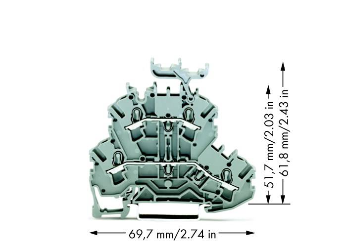 Poprečni presjek električnog konektora s dimenzijama: širina 69,7 mm (2,74 inča), visina 61,8 mm (2,43 inča) i dubina 51,7 mm (2,03 inča).