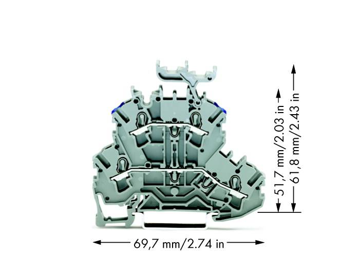 Presjek sivog terminalnog bloka s dimenzijama: širina 69,7 mm, visina 61,8 mm, dubina 51,7 mm.
