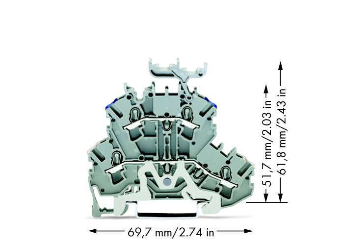 Presjek električkog konektora. Dimenzije: širina 69,7 mm (2,74 in), visina 61,8 mm (2,43 in) i 51,7 mm (2,03 in).