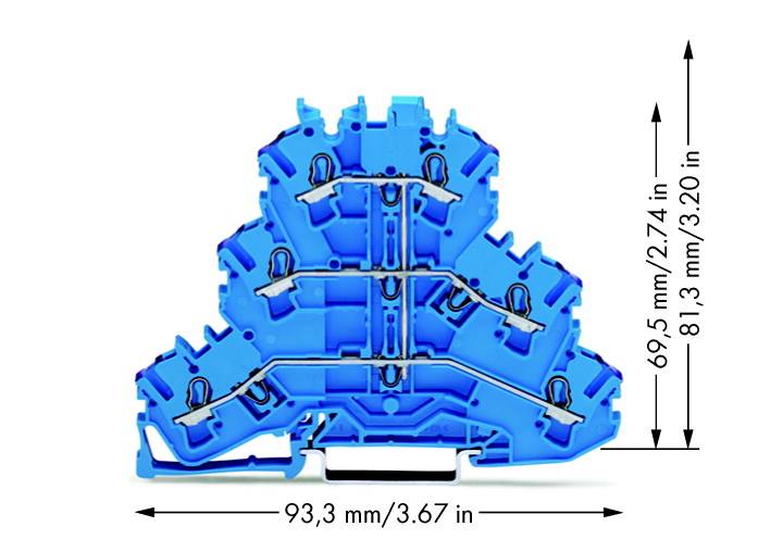 Plavi električni komponenta u trokutastom obliku s navedenim dimenzijama: 93,3 mm širine, visine između 69,5 mm i 81,3 mm.