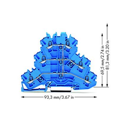 Plavi električni komponenta u trokutastom obliku s navedenim dimenzijama: 93,3 mm širine, visine između 69,5 mm i 81,3 mm.