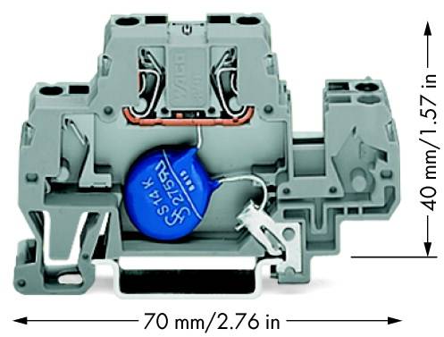 Siva elektronička komponenta s okruglim plavim elementom u sredini, prikazana s dimenzijama: 70 mm širine, 40 mm visine.