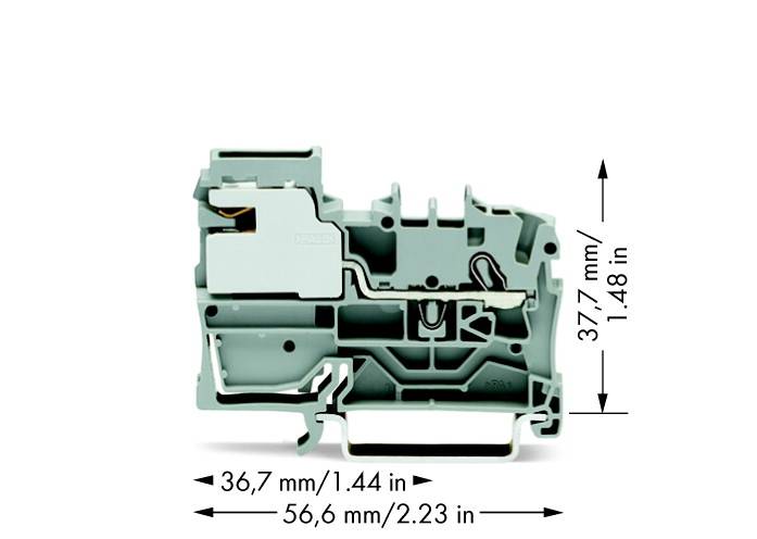 Stezaljka s dimenzijama: 36,7 mm širina, 56,6 mm dužina, 37,7 mm visina. Tehnički element sive boje.