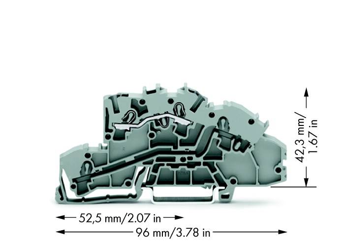 Sivi DIN-zatezač za sabirnicu, dimenzije: 52,5 mm širine, 96 mm dužine, 42,3 mm visine.