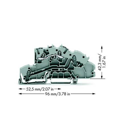 Sivi DIN-zatezač za sabirnicu, dimenzije: 52,5 mm širine, 96 mm dužine, 42,3 mm visine.