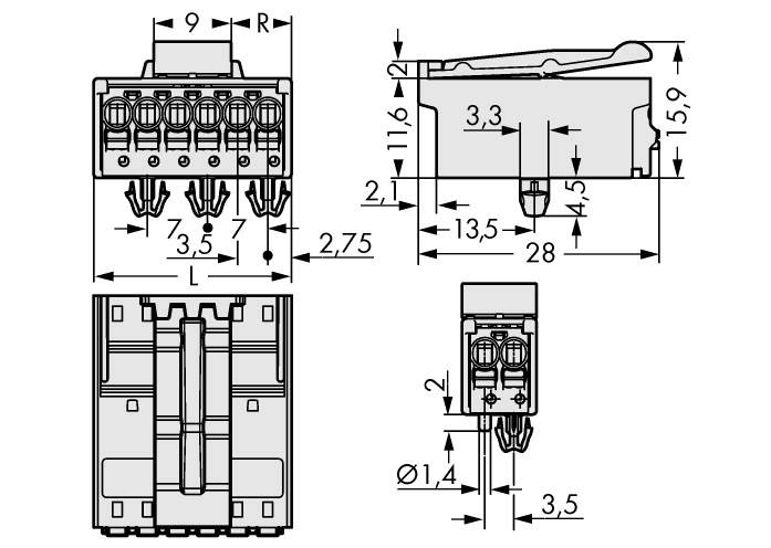 Tehnički crtež električnog konektora s mjerama u milimetrima, bočni i gornji prikazi s detaljnim dimenzijama.