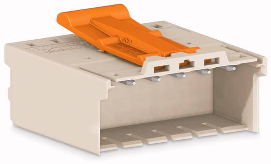 Kabelski spojnik s trostrukim žicama, sivo kućište i narančaste poluge, za jednostavno spajanje električnih vodova.