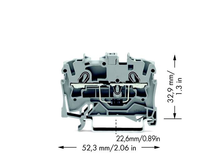Sivo stezaljno element s dimenzijama: širina 52,3 mm, visina 32,9 mm, dubina 22,6 mm. Pogodan za električne primjene.
