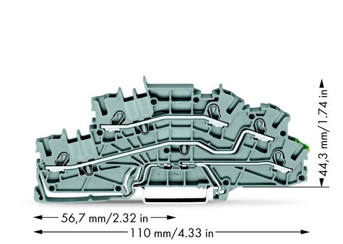 Siva električka komponenta s krivuljama i metalnim dijelovima. Dimenzije: širina 110 mm, visina 44,3 mm, dubina 56,7 mm.