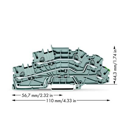 Siva električka komponenta s krivuljama i metalnim dijelovima. Dimenzije: širina 110 mm, visina 44,3 mm, dubina 56,7 mm.