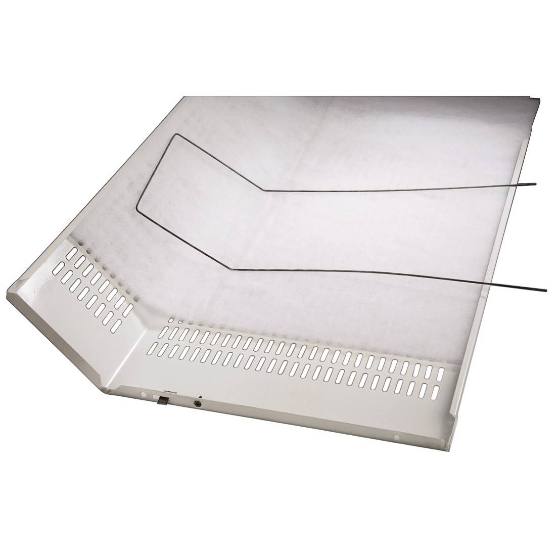 Metalna ploča s perforiranim ventilacijskim otvorima i dva pričvršćena žičana držača. Koristi se kao poklopac filterа za prašinu kod elektroničkih uređaja.