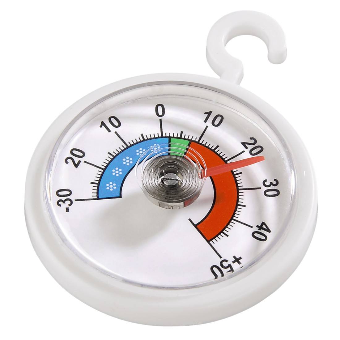 Okrugli termometar s kukicom pokazuje temperature od -30 do 50 stupnjeva Celzijusa. Kazaljka je postavljena na oko 21 stupanj.