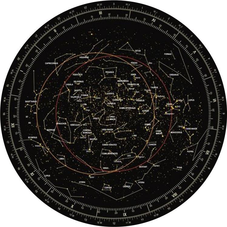 Zvjezdana karta s vidljivim zvjezdanim grupama i konstelacijama, prikazuje položaje na noćnom nebu. Sadrži detalje poput orijentacije sjever-jug.