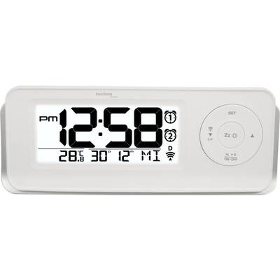 Digitalni sat pokazuje vrijeme 12:58 popodne, s prikazom datuma, postavki alarma i temperature. S desne strane su vidljive opcije za podešavanje i simboli alarma.